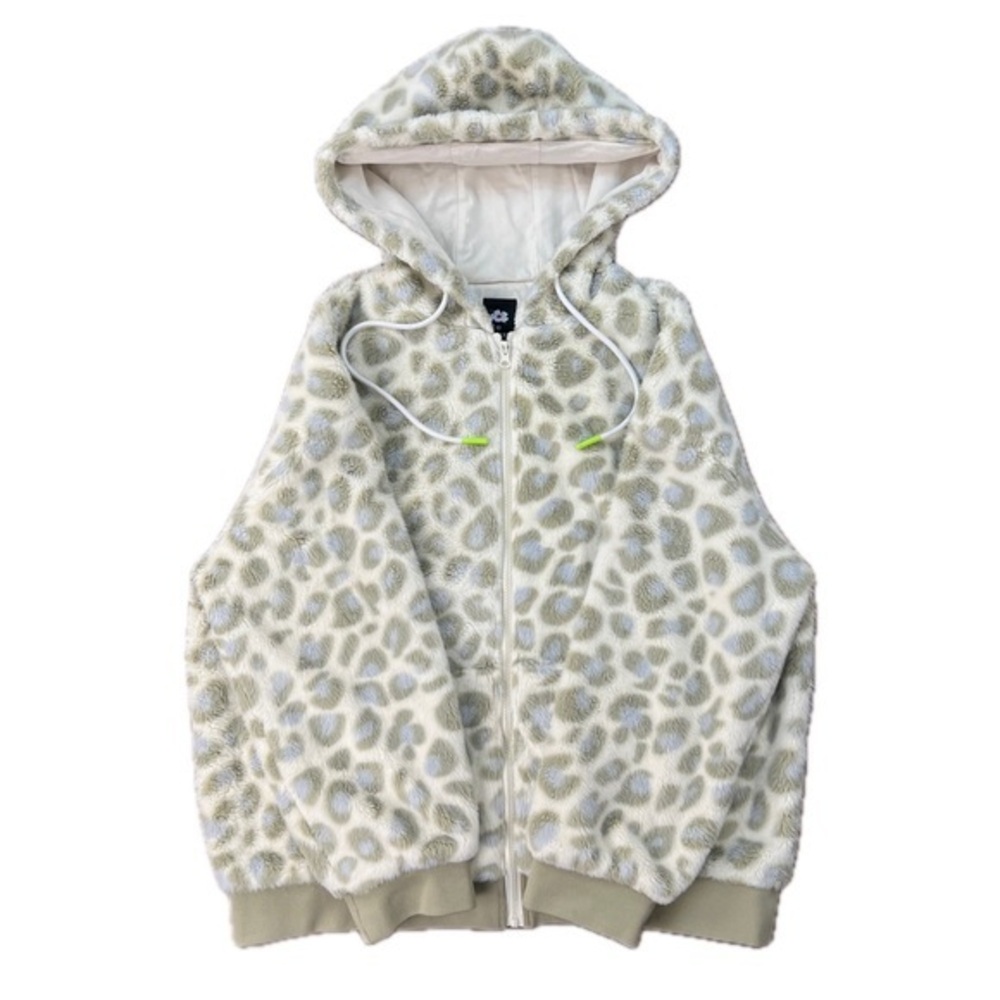 Shearling Fleece Snow Leopard Print Zip Hoodie